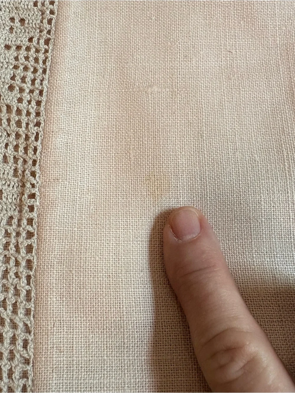 Classic Crochet Lace Trim Linen Tablecloth in Cream Tan Vintage Handmade